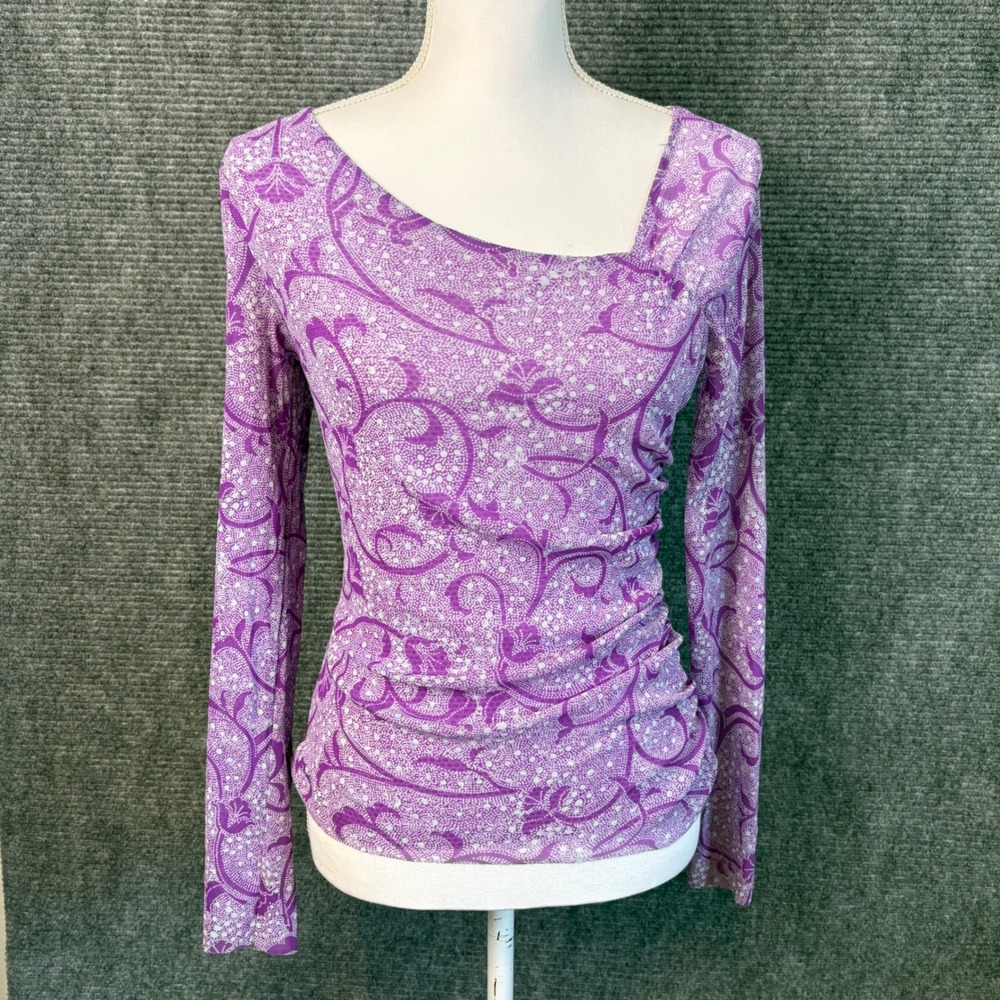 The Limited Purple Abstract Print Ruched Top Womens Medium Y2K Asymmetrical Long - Picture 1 of 5
